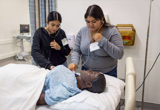 Two students stand holding statoscopes that are placed on mannikin’s chest