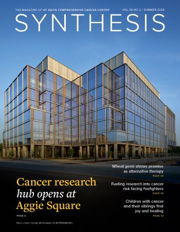Magazine cover with title Synthesis overlaying building with glass windows.