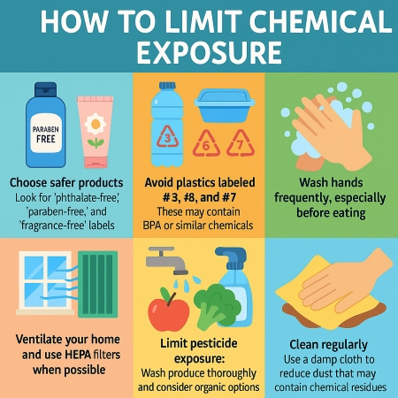 A colorful infographic with six suggestions for limiting chemical exposure.