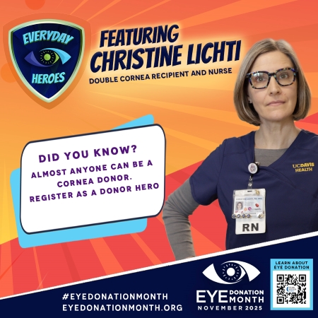 A woman in blue scrubs against a colorful graphic background with blocks of text promoting Eye Donation Month