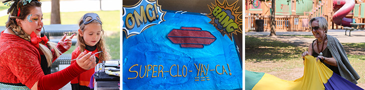 Left: A woman brushes paint onto a child&rsquo;s face. A blue party cake with a superhero theme.  A woman holds the handle of a large colorful parachute. 