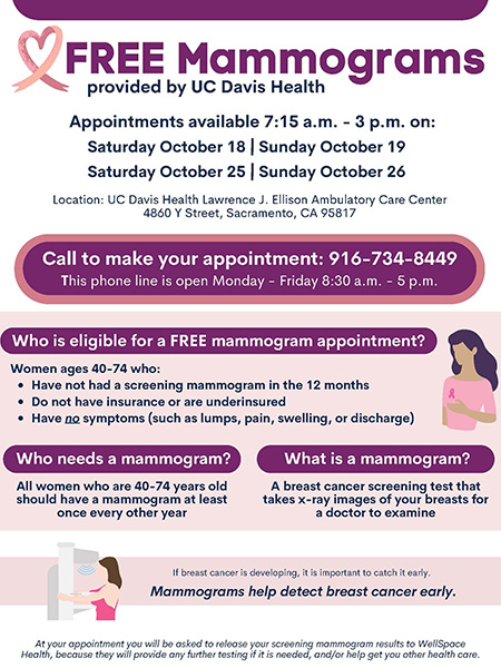 Flyer with pink text detailing free mammograms program