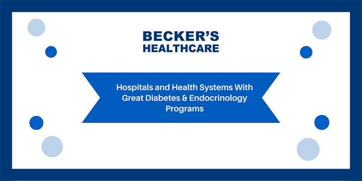 A rectangle with blue border and two blue dots in each corner, with writing at the top that states Becker's Healthcare.