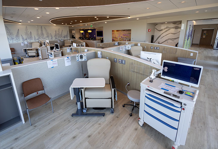 A medical care facility featuring infusion bays. 