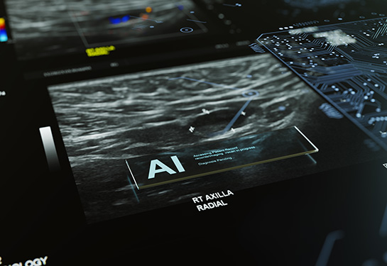 Futuristic AI medical bot scanning patients mammogram to diagnosis breast cancer