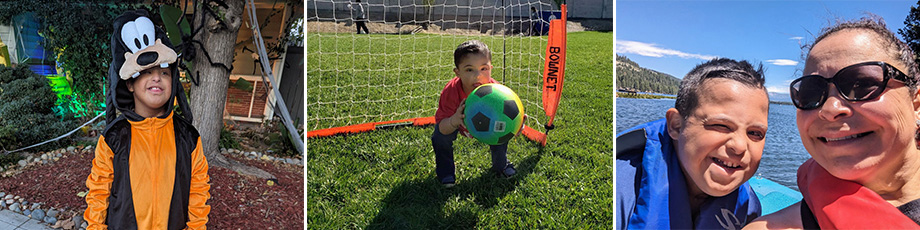 A young boy wears orange and blue and a &ldquo;Goofy&rdquo; mask, a young boy catches a soccer ball with the goal behind him, a young boy and his mother wear life jackets on a boat in a lake.