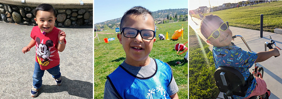 A little boy wearing a red shirt and jeans plays outside, A young boy wearing glasses and a blue &ldquo;Special Olympics&rdquo; shirt smiles outside, A young boy wearing shades rides a bike.