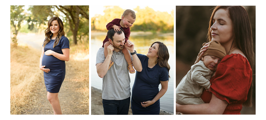 Photos of pregnant woman in blue dress, family with ont child and mom holding a baby.