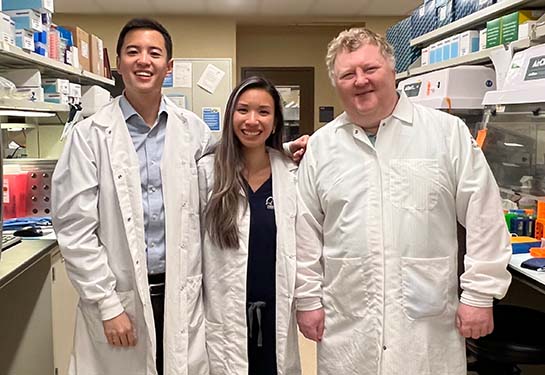 From left to right, Antonio Ju-Xi, Stephanie Le and Alexander Merleev in the Maverakis Lab