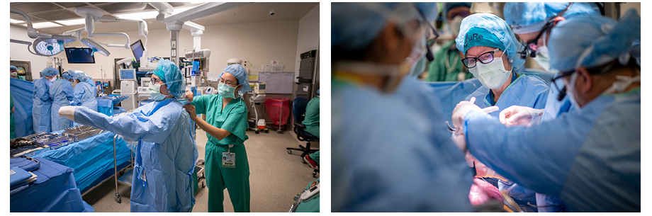 Two photos: Left photo is an overview of operating room as a female surgeon readies for surgery by donning blue scrubs with the help of another member of the medical team; a second photo on the right features a close up of the same female surgeon performing fetal surgery.