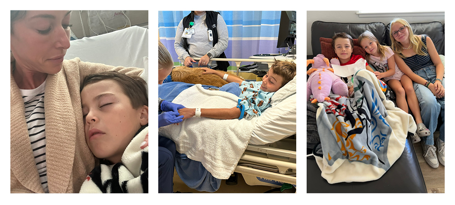 Three photos of a young boy in the hospital: being held by his mom; getting a bedside procedure; snuggling with the surgery center facility dog, a golden retriever.