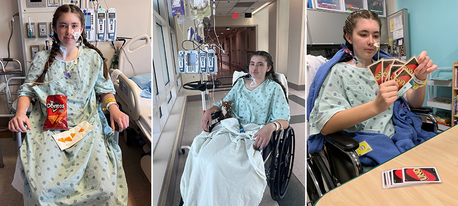  Three photos of a teen girl: Sitting in hospital bed with Doritos on her lap, Sitting in wheelchair with IV pole behind her, Playing Uno, holding cards in hand