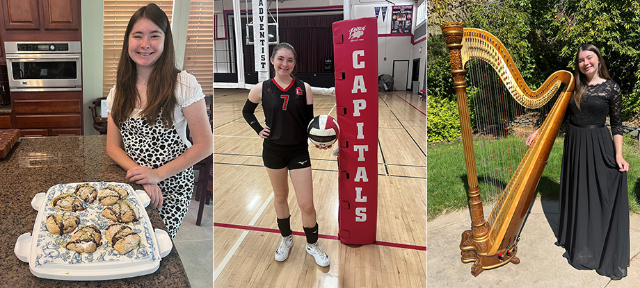 Three photos of a teen girl back at home: Standing next to tray of baked goods, standing in volleyball uniform in school gym, standing in black dress next to golden harp outdoors.