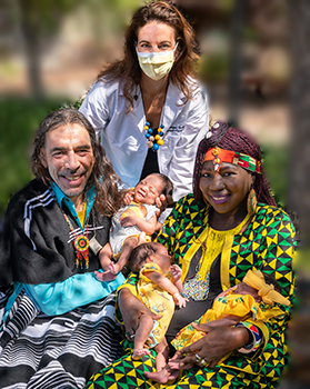 Awa Sangho, her husband Ernest Moreno and their triplets, with UC Davis maternal-fetal medicine physician Véronique Taché.