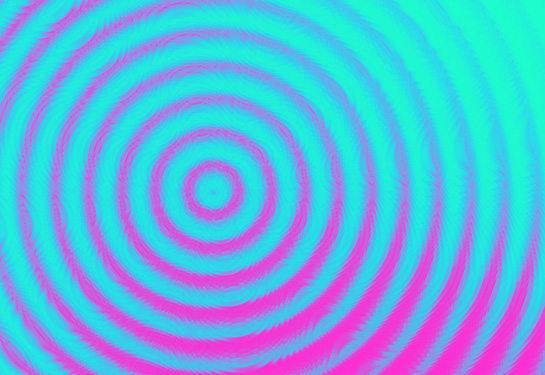 An abstract image in blues, greens and pinks and purples of circular ripples. 