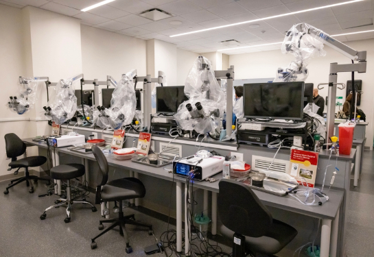 A laboratory with several workstations equipped with microscopes, monitors and medical instruments.