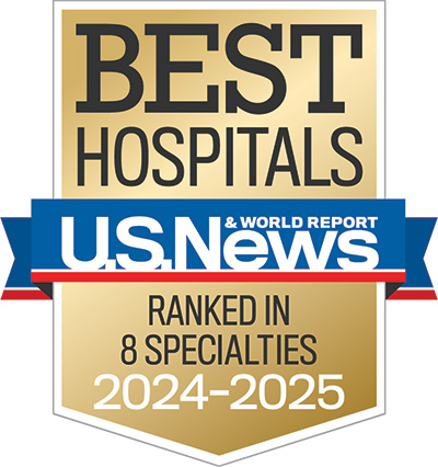 A gold, red and blue &ldquo;Best Hospitals&rdquo; badge from U.S. News and World Report