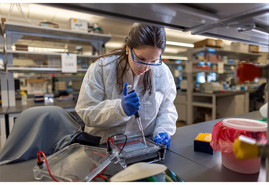 A person in a lab setting is carefully adding liquid to a lab tray using a dropper while wearing safety gear.
